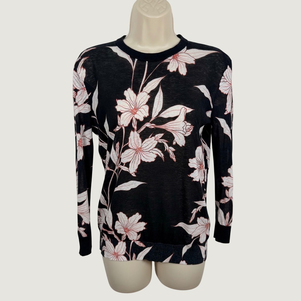 Lauren Ralph Lauren Womens Small Black Pink Floral Cotton Linen Knit Sweater Top